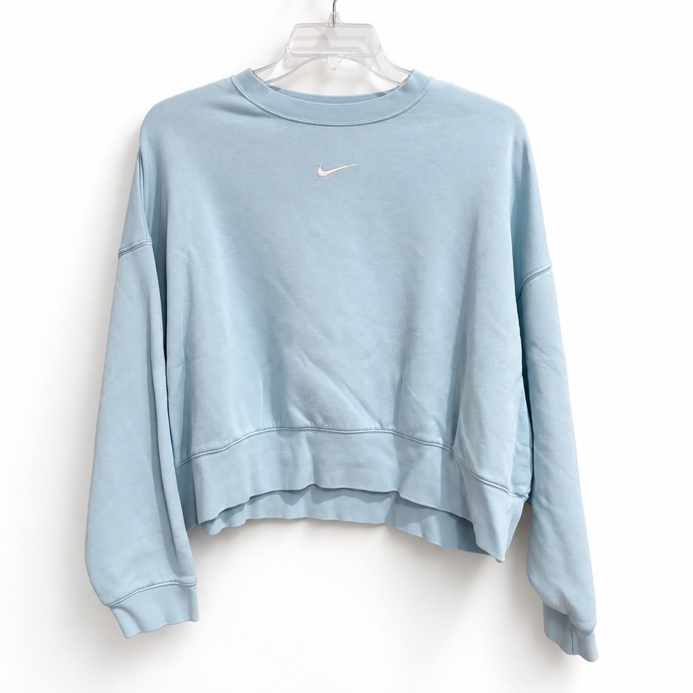 Nike Women's Cropped Crewneck Sweatshirt Light Blue Swoosh Fleece Pullover
